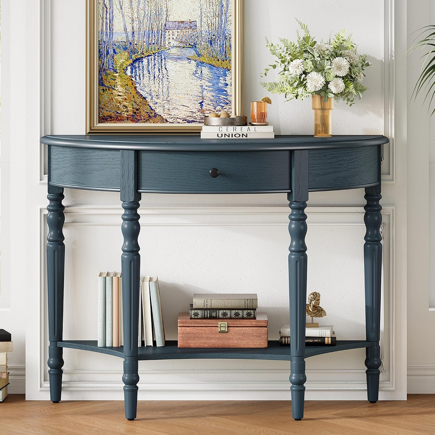 LKTART Farmhouse Half Moon Console Table with Solid Pinewood Frame & Legs,Modern Entryway Sofa Table for Behind Couch,Living Room,Hallway,Foyer (Navy,39')