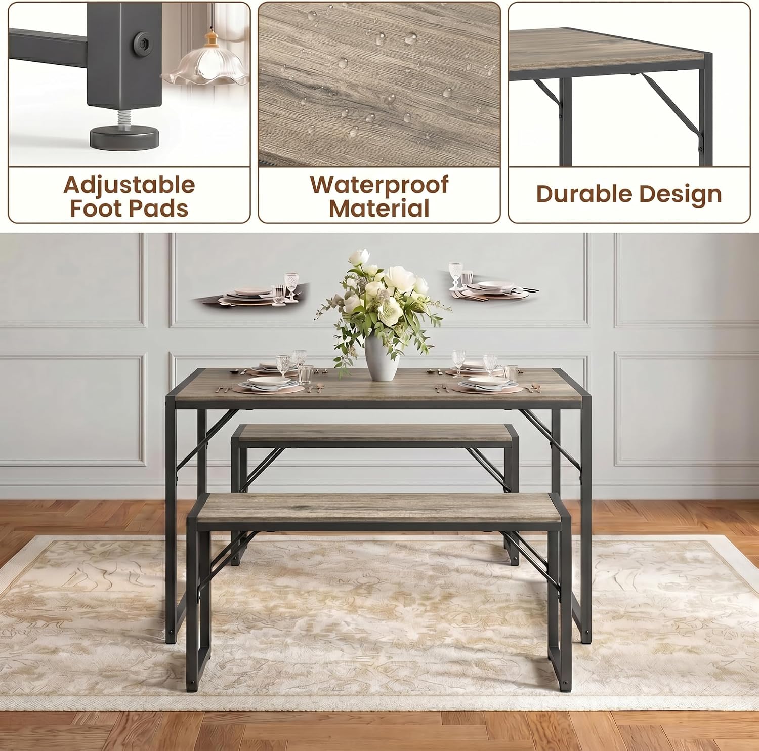 Bealife Dining Table Set for 4 with Metal Frame and MDF Board, Space Saving Kitchen Table with 2 Benches, Kitchen Table Set for Apartment, Dining Room, Breakfast Nook, Grey