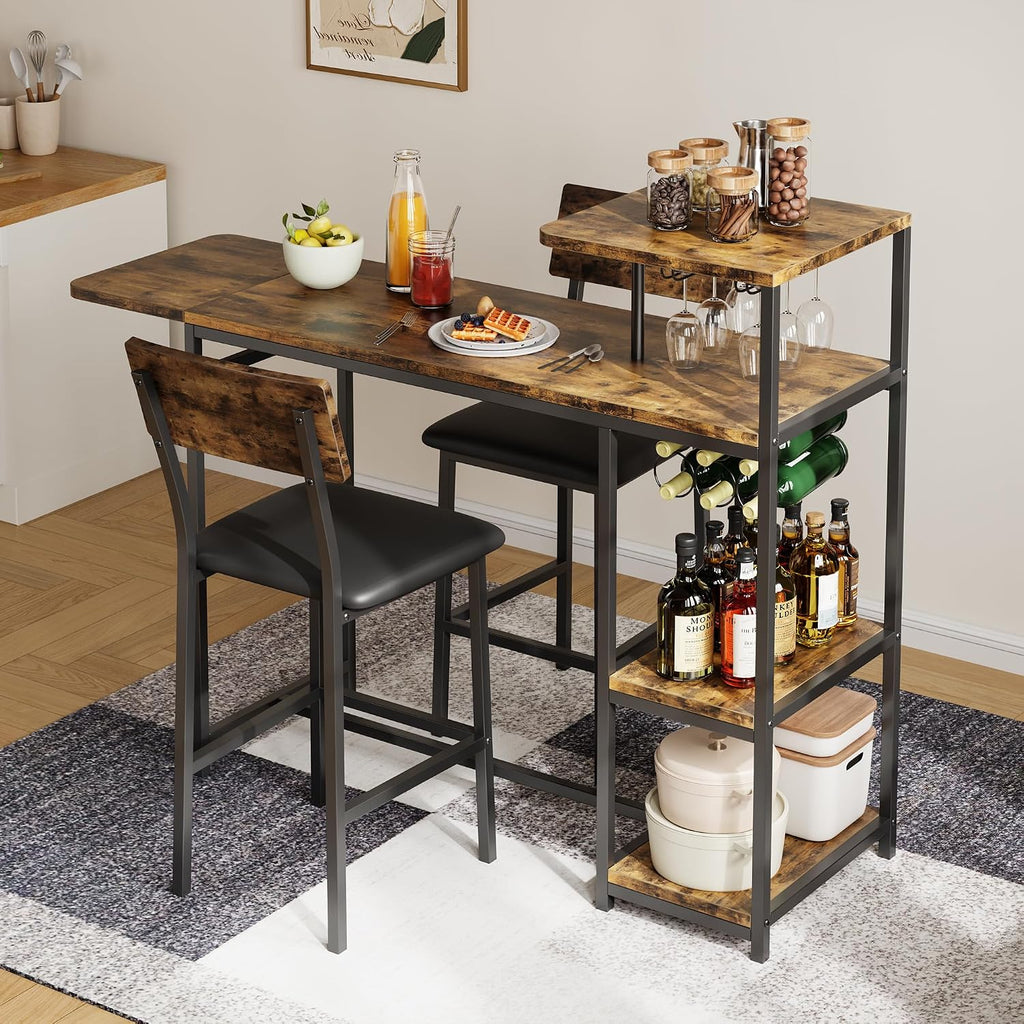 Garvee Dining Table Set for 2, 3-Piece Expandable Bar Table and Chairs Set, with Storage Shelves and Wine Rack, Small Kitchen Dining Set for Living Room, Apartment