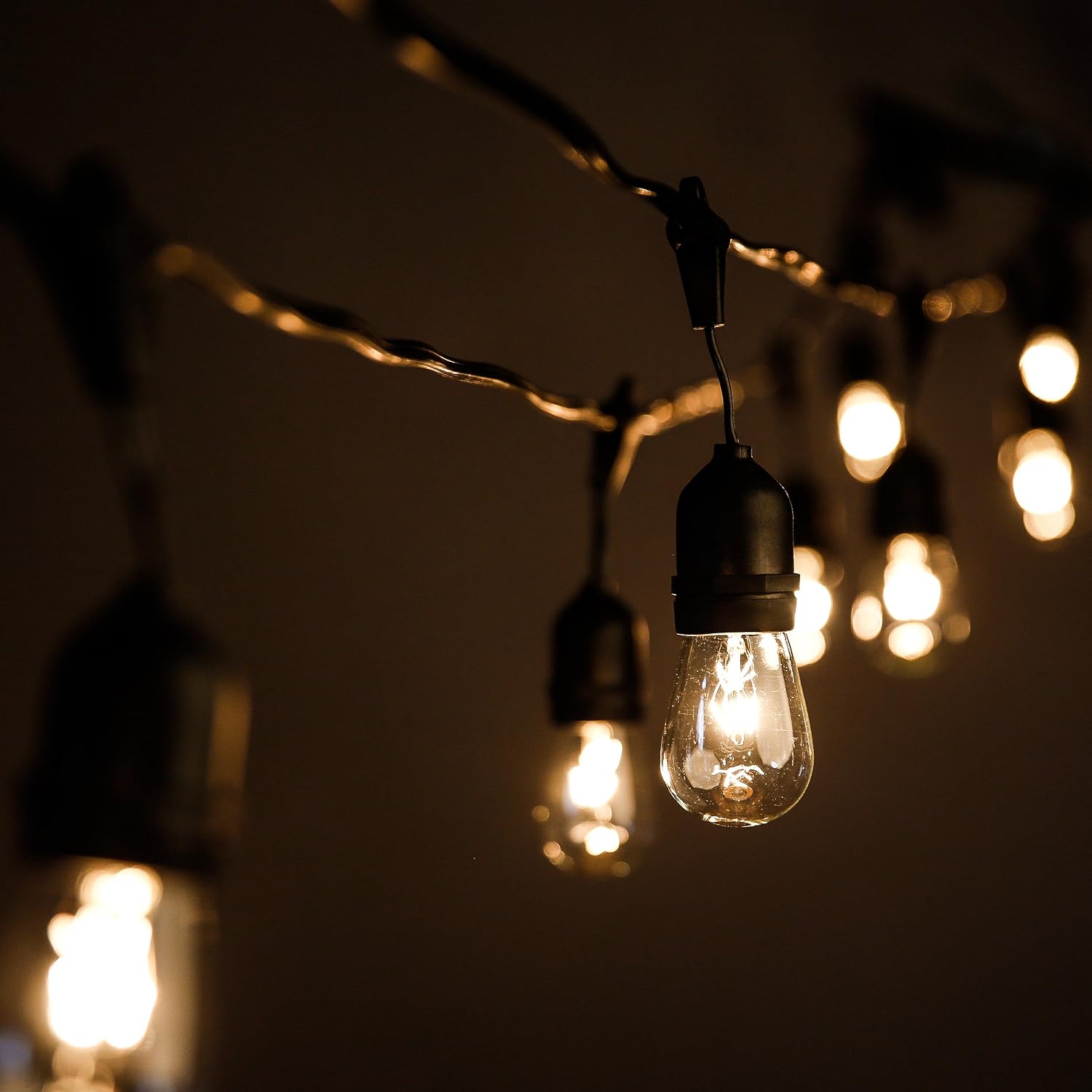 Hometown Evolution, Inc. E26 Outdoor Commercial String Lights with Suspended Socket for Weatherproof Heavy Duty Vintage Outside Lighting (S14 11 Watt Bulbs, 100 Foot 50 Socket)