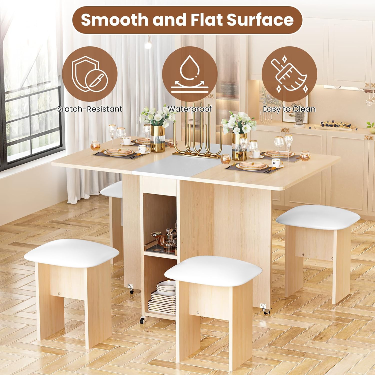 AWQM Foldable Dining Table Set for 4,Folding Dining Table with 4 Leather Chairs & Storage,Drop Leaf Dinner Table with 6 Wheels,Folding Kitchen Table and Chairs Set for Small Spaces, Beige White
