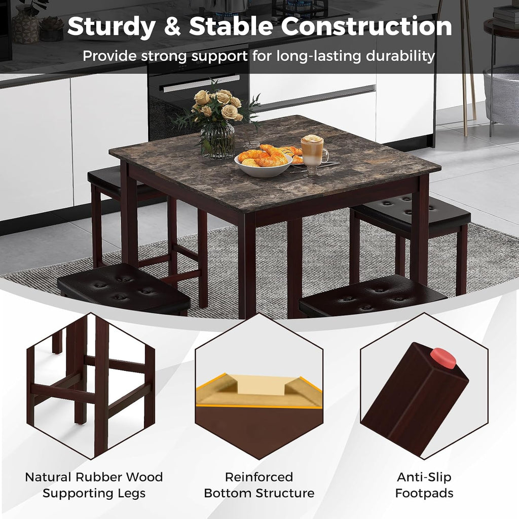 Giantex Dining Table Set for 4, Kitchen Table Chairs Set of 4, Counter Height Dining Table Set with 4 Bar Stools, Space-Saving Dinette Table Set for Small Place, Breakfast Nook Table Set (Brown)