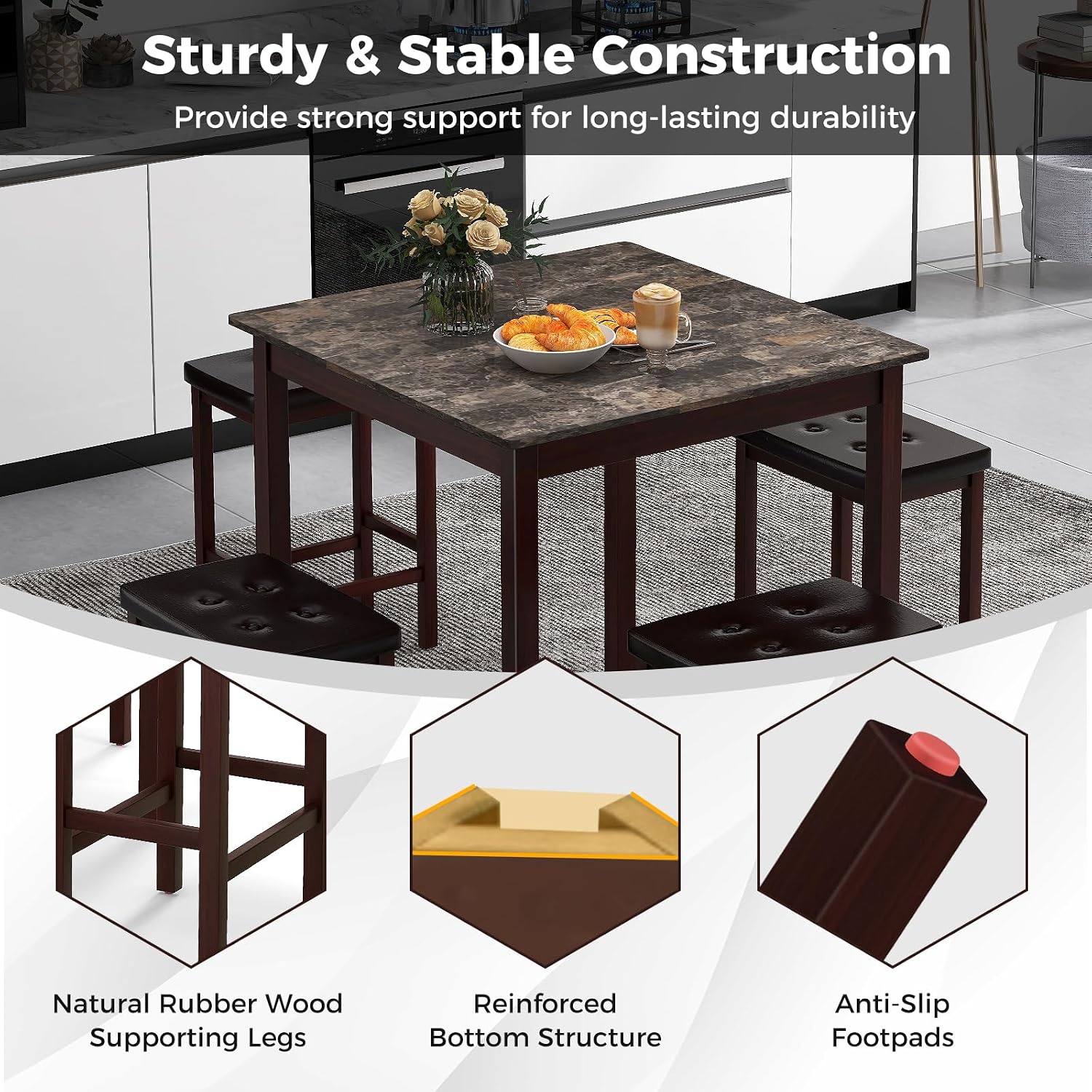 Giantex Dining Table Set for 4, Kitchen Table Chairs Set of 4, Counter Height Dining Table Set with 4 Bar Stools, Space-Saving Dinette Table Set for Small Place, Breakfast Nook Table Set (Brown)