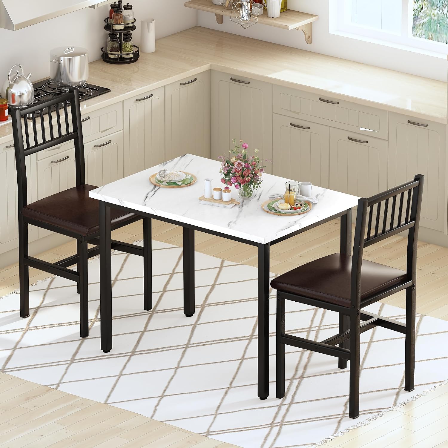 AWQM 3 Piece Dining Table Set for 2, Small Kitchen Table Set for 2 with Chairs,Wood Breakfast Nook Table and Chairs Set of 2,Dinette Set for Small Space,Dining Room,Apartment, White