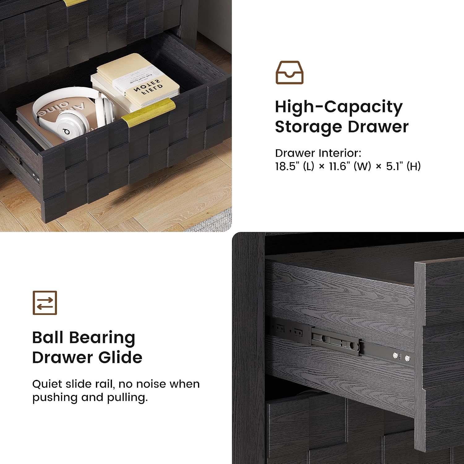 Dystler Nightstand with Charging Station, 25.6' Wide Bedside Table with 2 Drawers, Smart Side Table with 3-Color LED Lights and Adjustable Lighting for Bedroom, Black