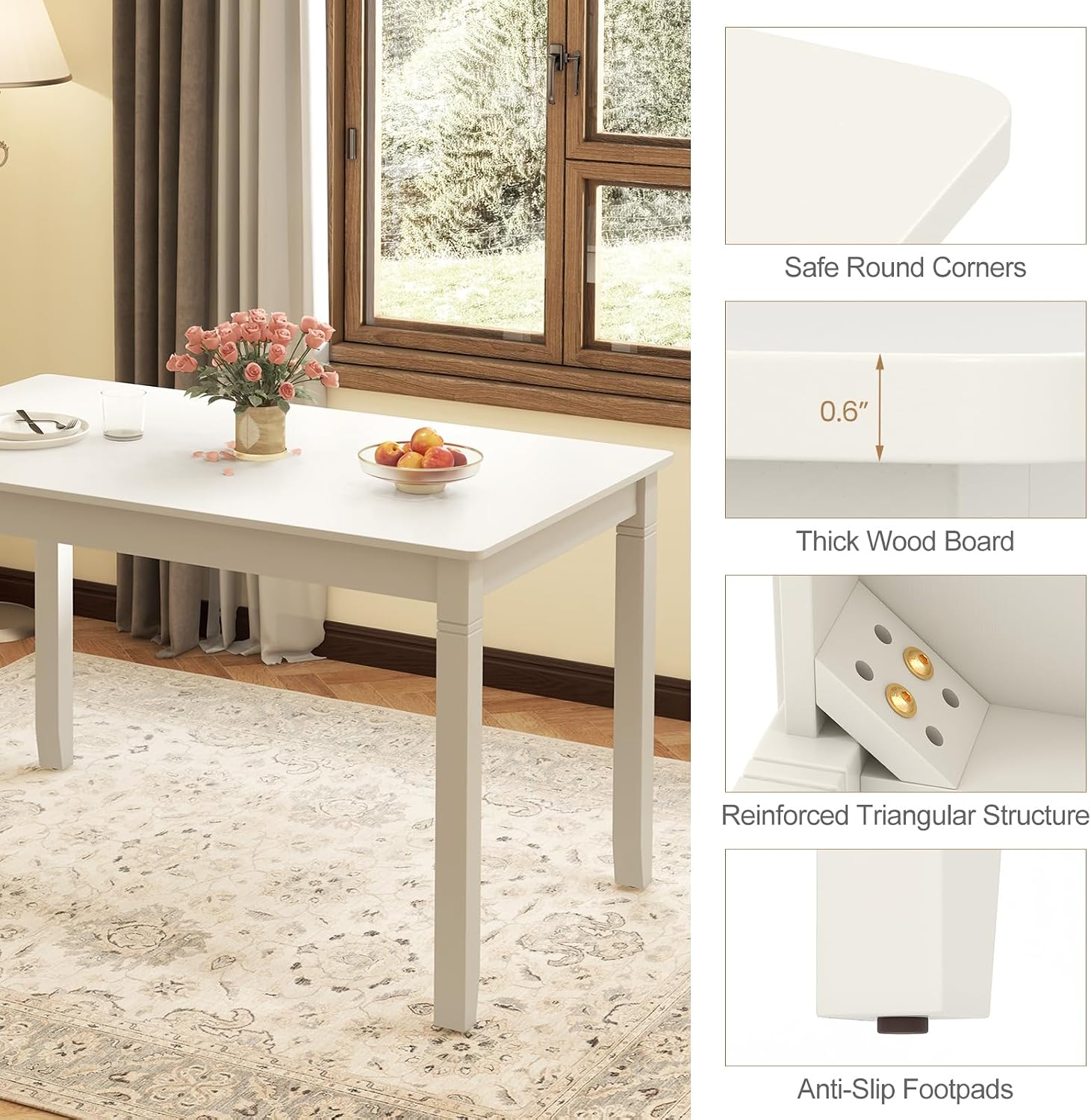 Giantex Dining Table for 4 People, 48' x 29' Kitchen Table with Wood Legs, Rectangular Dinner Table for Small Space, Apartment, Living Room, Dinette Table, Load 330 Lbs, Dining Room Table (White)