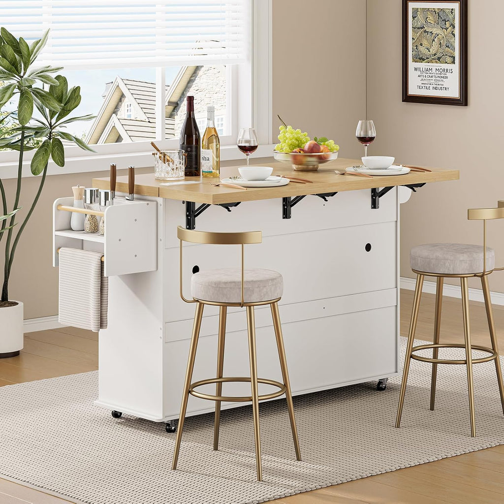 60' Kitchen Island with Power Outlet & Drop Leaf, Kitchen Rolling Island with Spice Rack & Towel Rack, Knife Holder, Kitchen Island Cart with Trash Storage Cabinet, Mobile Island Table for Kitchen