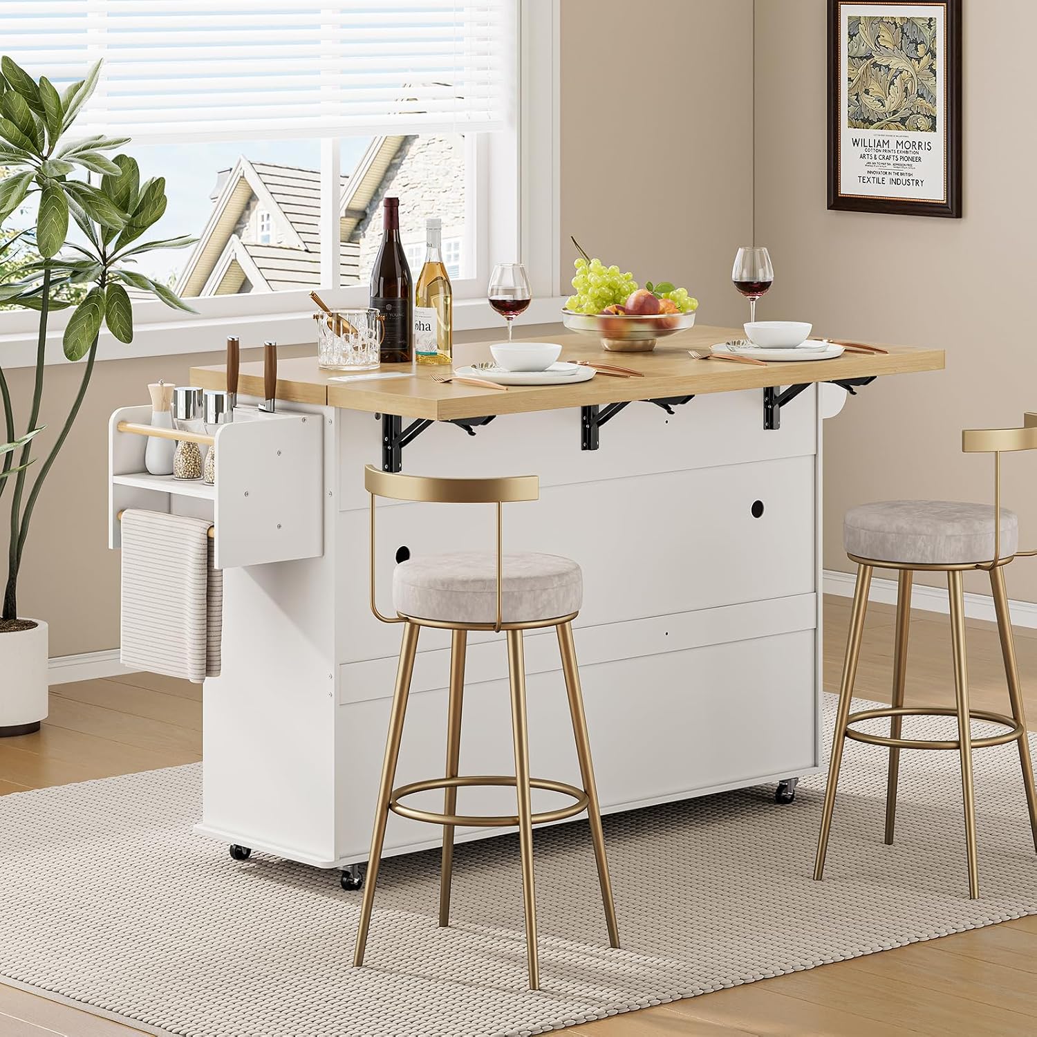 60' Kitchen Island with Power Outlet & Drop Leaf, Kitchen Rolling Island with Spice Rack & Towel Rack, Knife Holder, Kitchen Island Cart with Trash Storage Cabinet, Mobile Island Table for Kitchen
