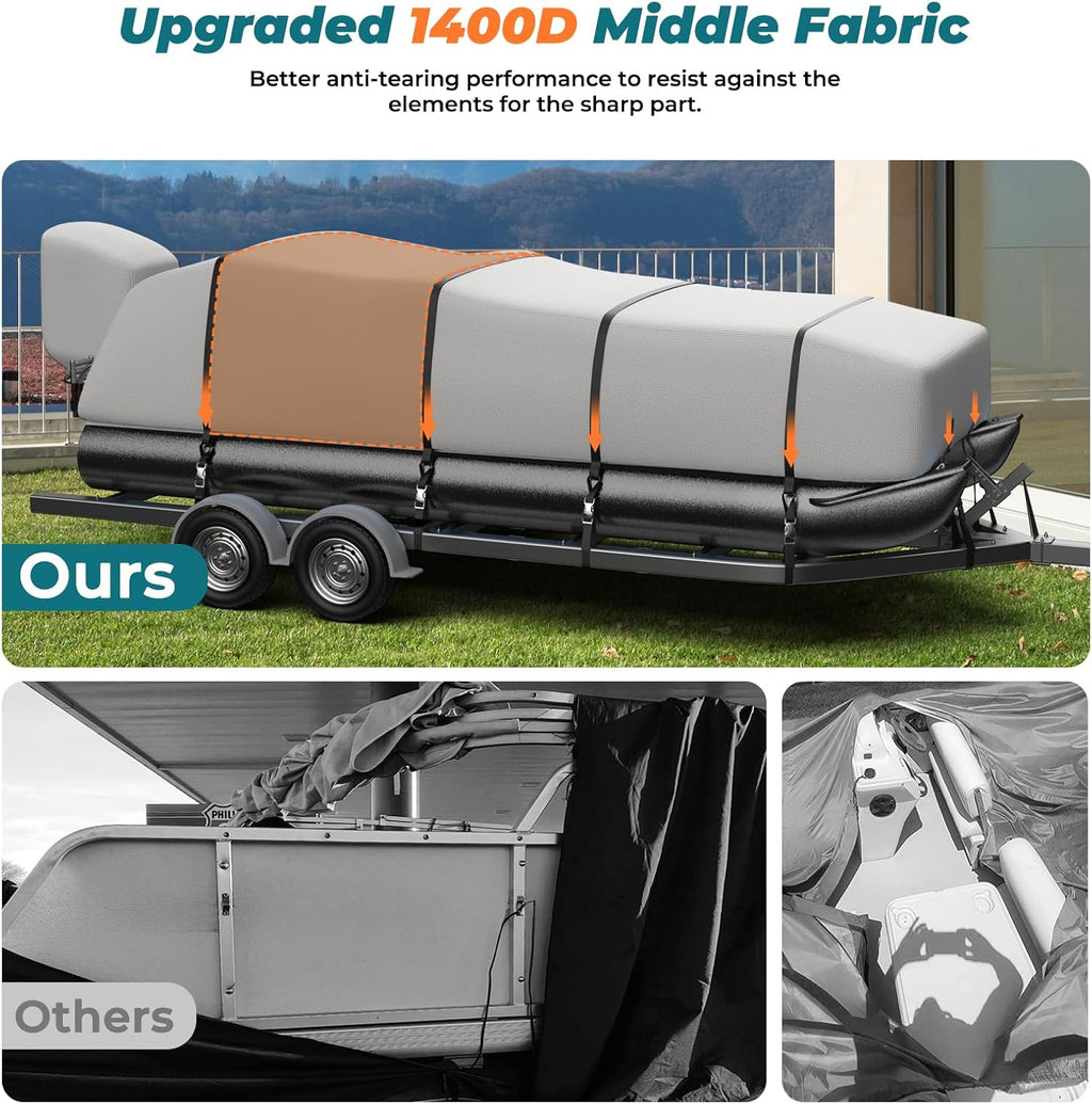 KAKIT Boat Cover, 1400D Oxford Heavy Duty Waterproof Trailerable Cover with 8 Metal Buckles and 12 Adjustable Tightening Straps, for Pontoon/Deck Boat(17'-20'Long, Beam Width up to 102', Light Gray)