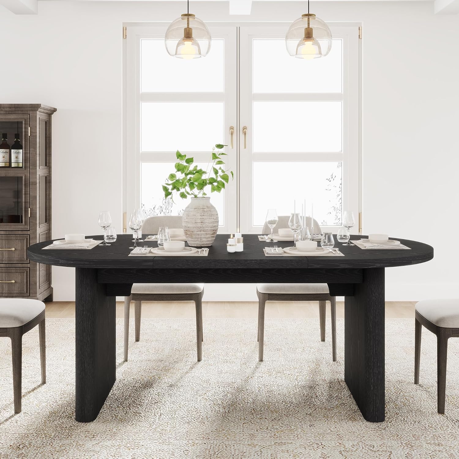 GarveeHome Oval Dining Table for 6-8 People, Long Large Kitchen Table with Thick Sturdy Wooden Base, Farmhouse Dining Room Table for for Kitchen, Living Room, Office (70.87' Long,Black)