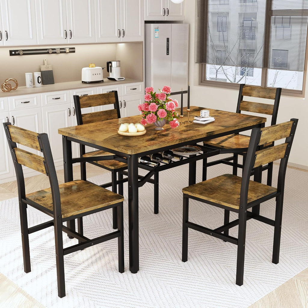 Hooseng Dining Table Set for 4, Wood Kitchen Table Chairs Set with Storage, Farmhouse 5 Piece Dining Room Table Set, Space-Saving Dinette Set for Breakfast Nook, Apartment
