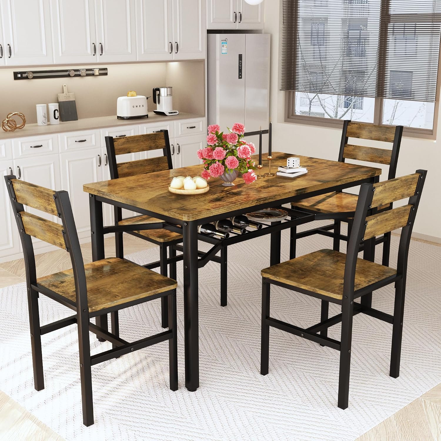 Hooseng Dining Table Set for 4, Wood Kitchen Table Chairs Set with Storage, Farmhouse 5 Piece Dining Room Table Set, Space-Saving Dinette Set for Breakfast Nook, Apartment