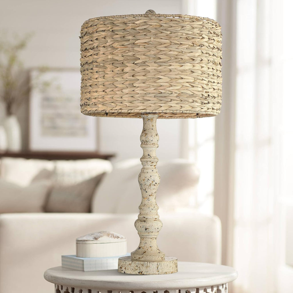 John Timberland Jackson Country Cottage Core Coastal Table Lamp 27.5' Tall Rustic Natural Distressed Antique White Candlestick Rattan Drum Shade for Living Room Bedroom House Bedside Nightstand Home