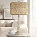 John Timberland Jackson Country Cottage Core Coastal Table Lamp 27.5' Tall Rustic Natural Distressed Antique White Candlestick Rattan Drum Shade for Living Room Bedroom House Bedside Nightstand Home