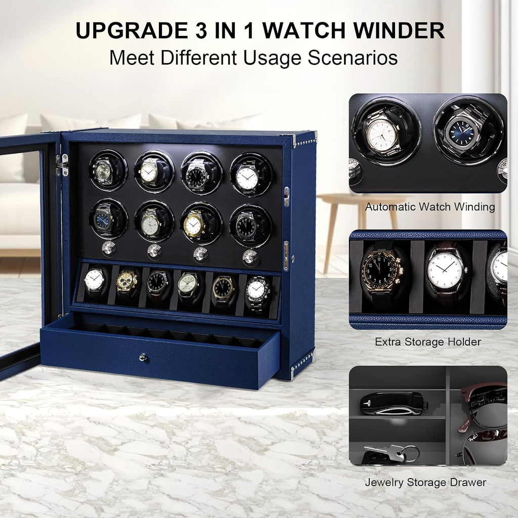 DUKWIN Watch Winder for 4/6/8 Automatic Watches, Lockable Winders with Watch Holders and Jewelry Storage, Super Quiet Motor with High-Gloss Finish, Built-in Illumination