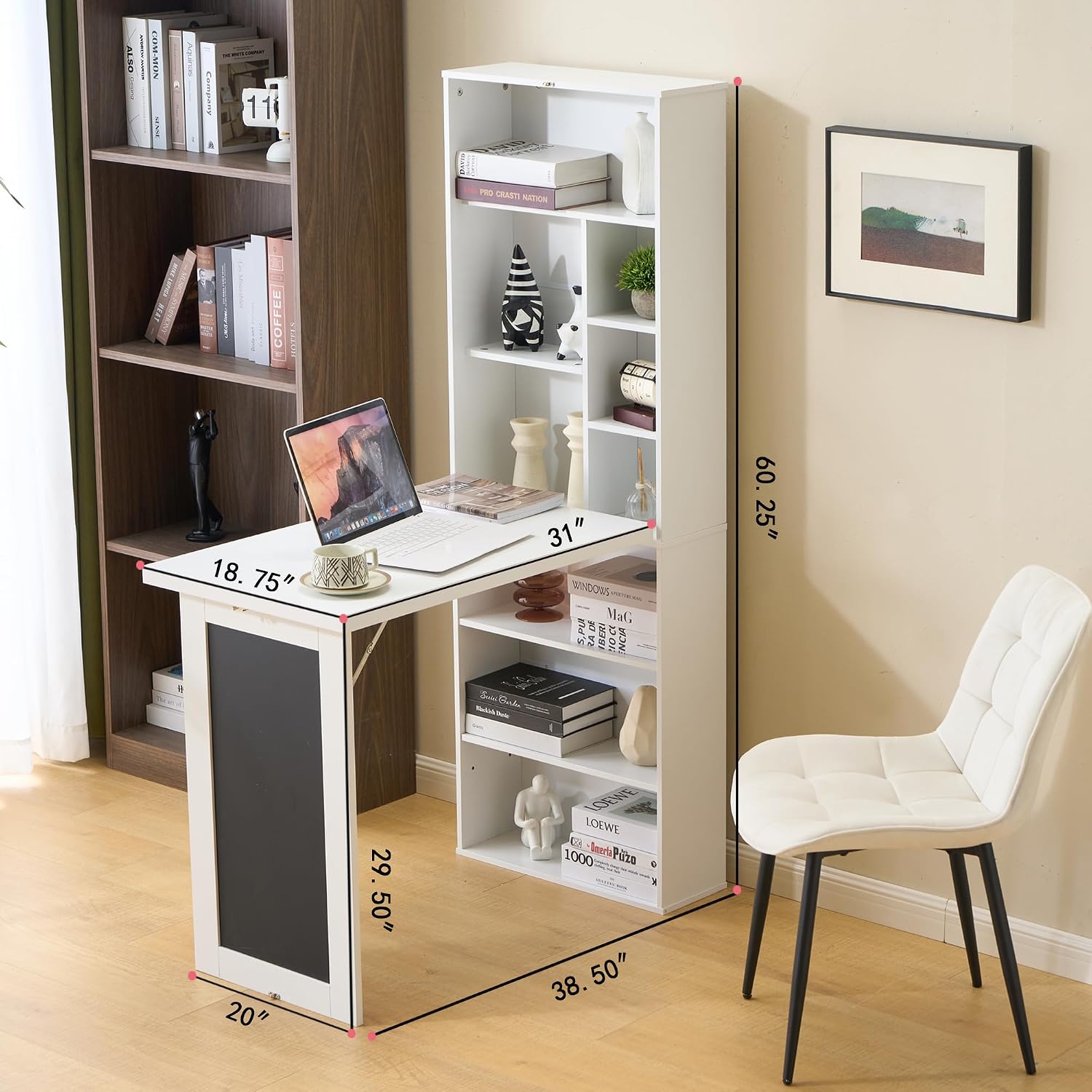 Folding Desk with Storage,Foldable Convertible Writing table with Blackboard and Shelves,Wall Mount Fold Out Table Cabinet , Space-Saving Murphy Desk Multi-Function Home Office Workstation (White)