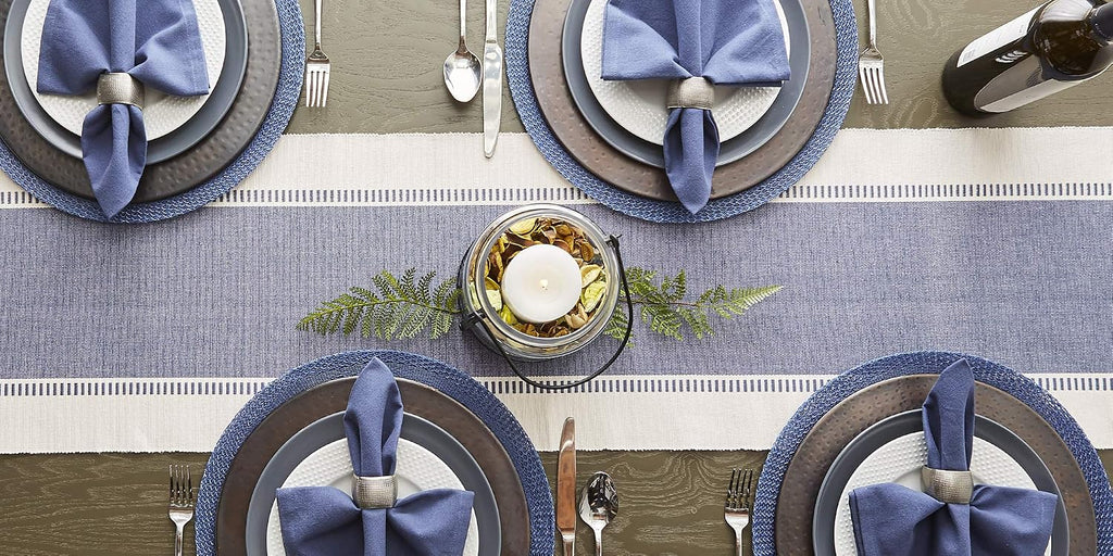 DII Dobby Stripe Woven Table Runner, 13x108 (13x113.5, Fringe Included) French Blue (Pack of 12)
