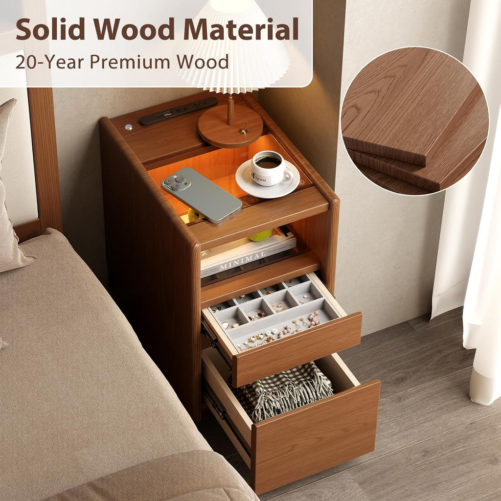 Walnut Nightstand,LED Nightstand with Charging Station,Narrow Bedside Table with Jewelry Box,Small Night Stand with Wheels,Modern Night Stand for Bedroom,Living Room,Dressing Room