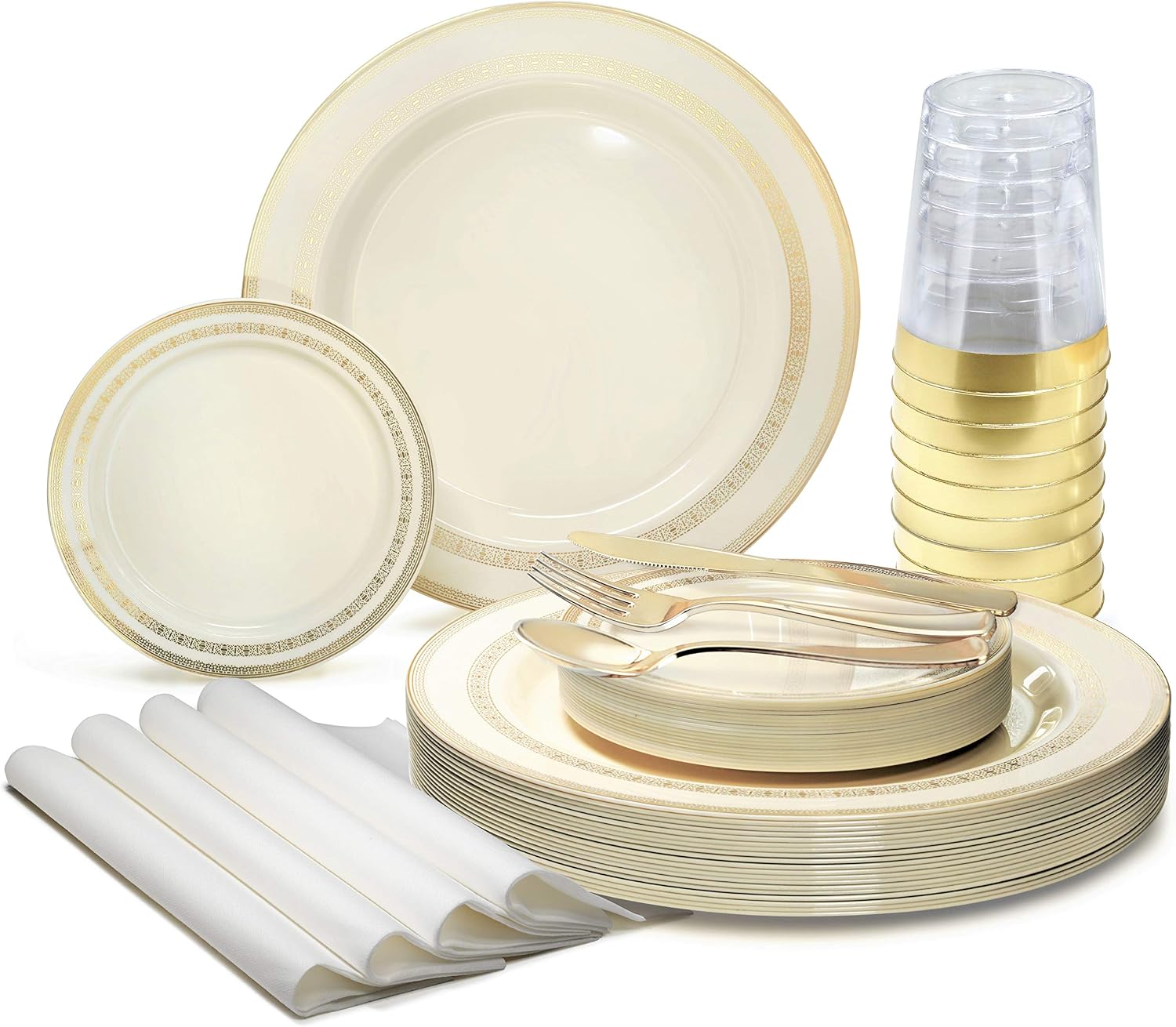' OCCASIONS ' 840pcs set (120 Guests)-Heavyweight Wedding Party Disposable Plastic Plate Set-120 x 10.5'' + 120 x 6.25'' + Gold Silverware + Cups + Napkins (Lace Ivory & Gold Rim)