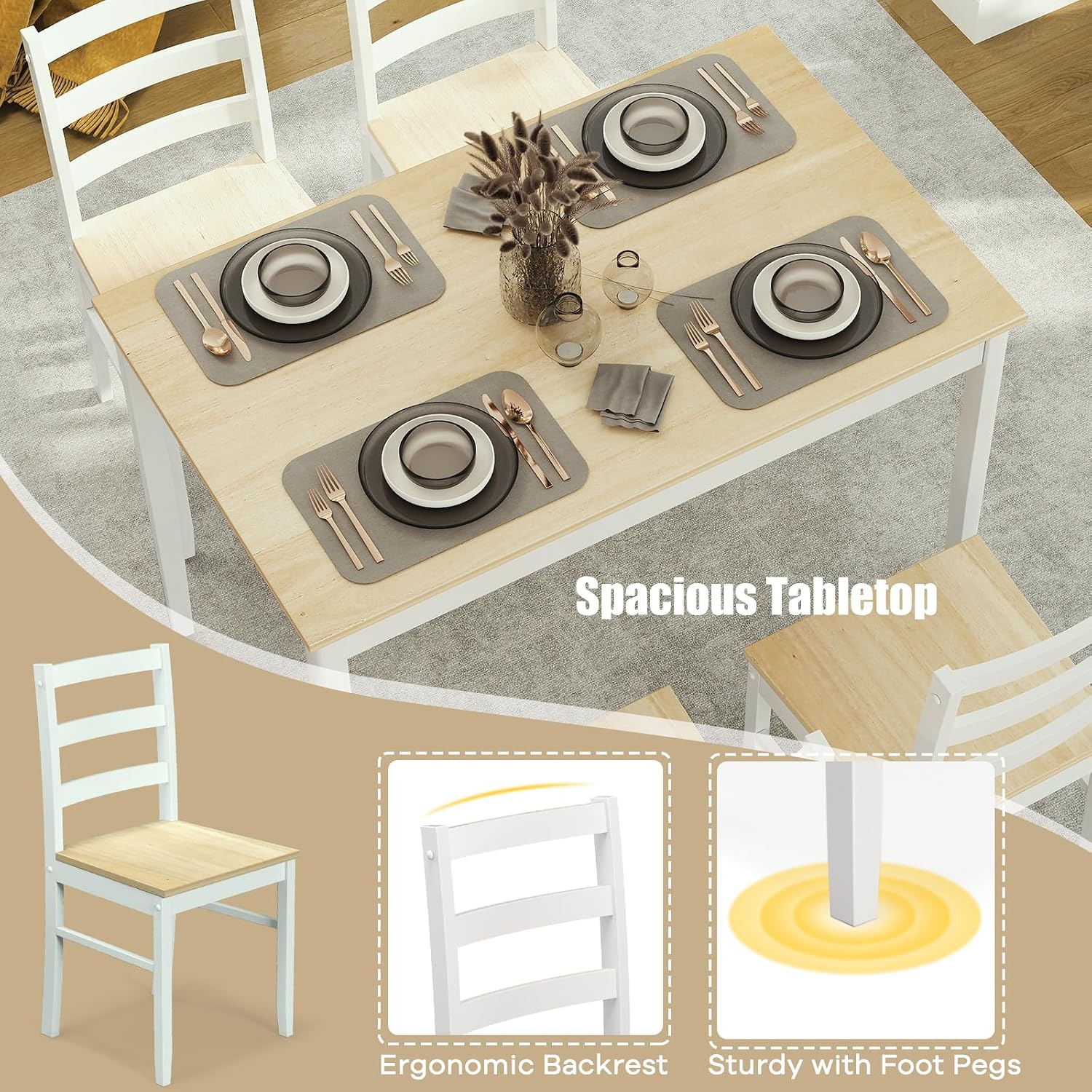 NAFORT Kitchen Table Set for 4, Solid Wood Dining Table and Chairs Set of 4, Farmhouse Dinner Table Set w/Rubber Wood Legs, Mid-Century Modern Dinette Set for Kitchen, Dining Room