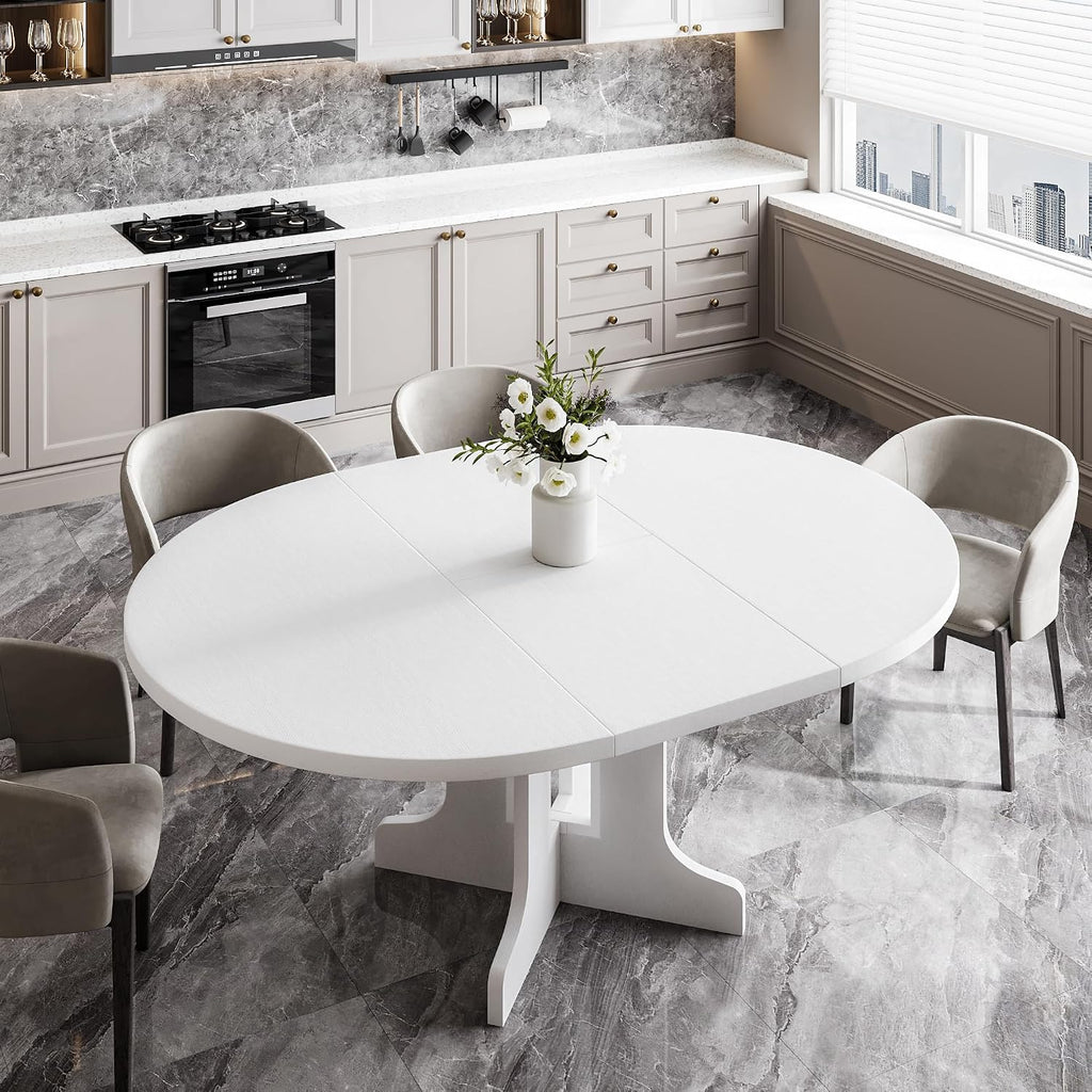 Feonase 59' Round Extendable Dining Room Table for 6, Modern Oval Kitchen Table with Heavy Duty Wood Base, for Kitchen Dining Living Room, Easy Assembly, Noise-Free, White