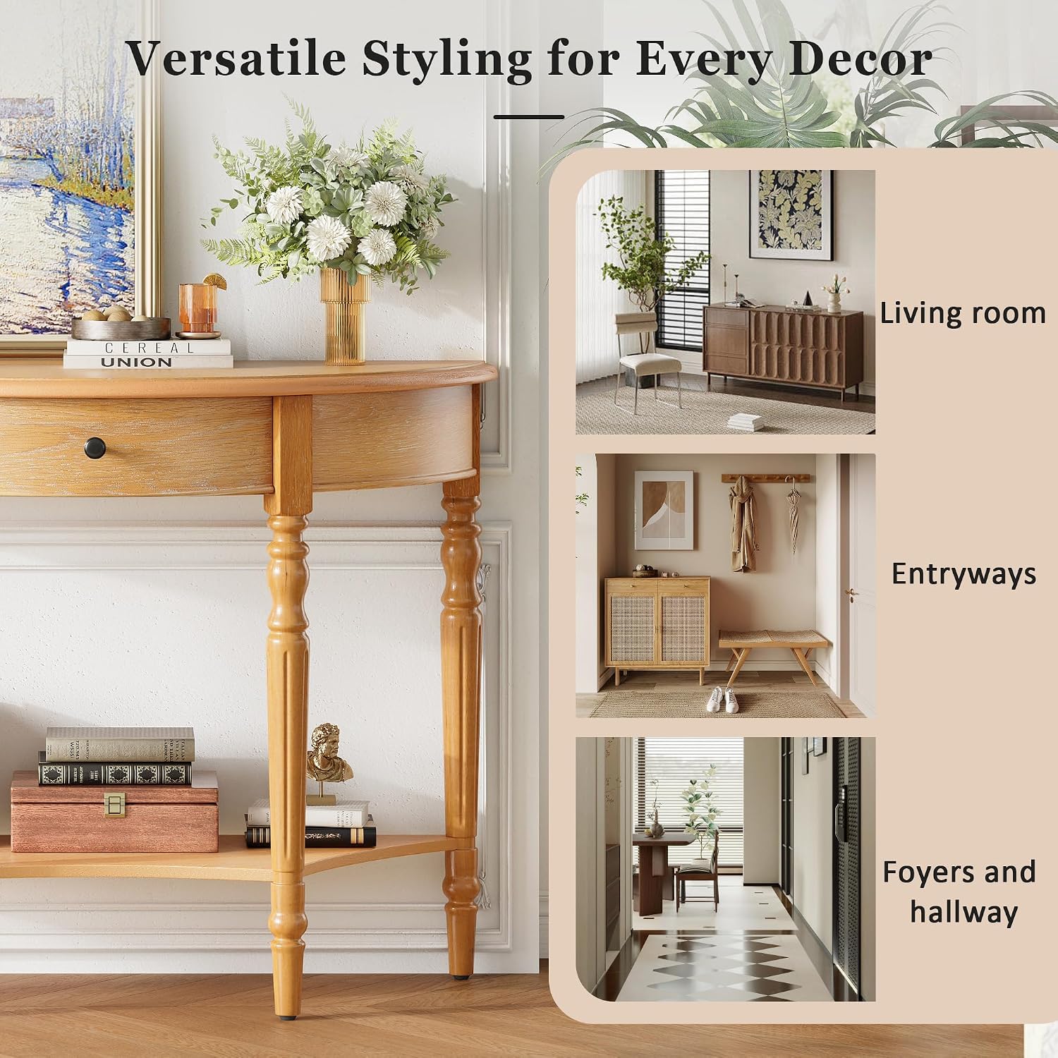 LKTART Vintage Half Moon Console Table with Solid Pinewood Frame & Legs, Modern Entryway/Sofa Table for Living Room,Hallway,Foyer,Behind Couch (Natural 39')