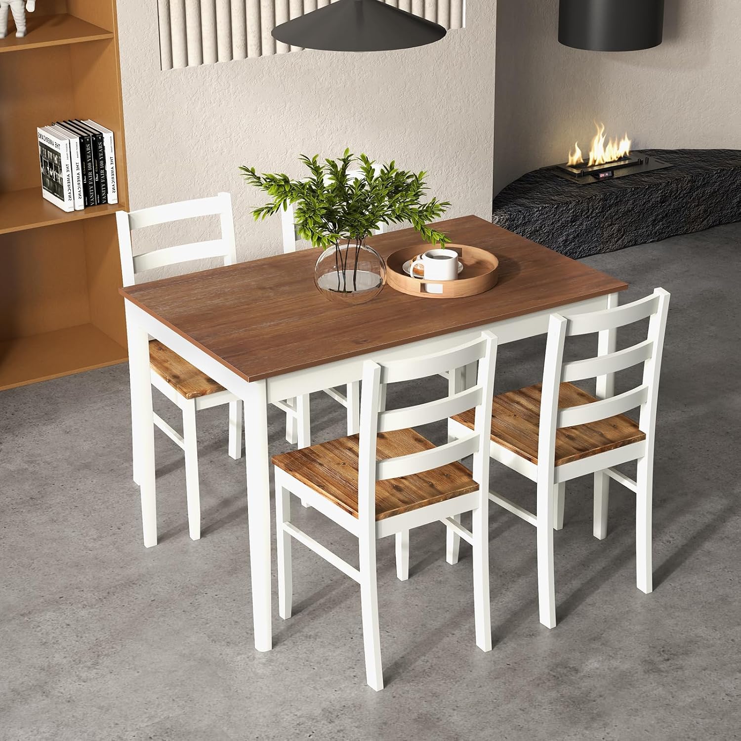 COSTWAY Dining Table Set for 4, Wood Kitchen Table Chairs Set with Rubber Wood Legs, Space-Saving Design, Modern 5-Piece Dinette Set for Small Place, Kitchen, Dining Room, Restaurant, Brown