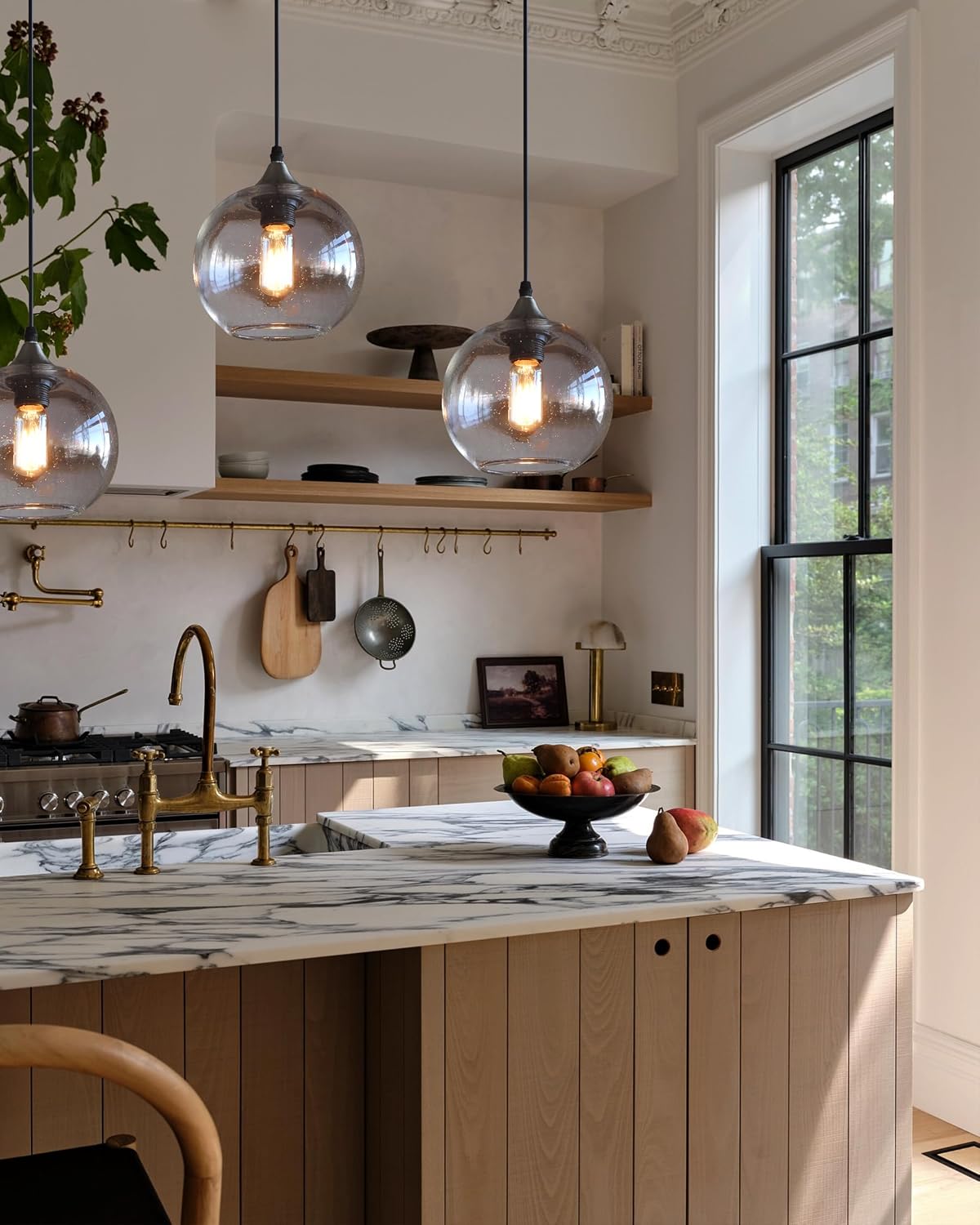 Globe Pendant Lights Kitchen Island 3 Pack Hand Blown Glass Modern Rustic Lighting Clear Seeded Bubbles Dining Room Table Coffee Bar Counter Brushed Nickel Lamp 7.4 Inch Diam