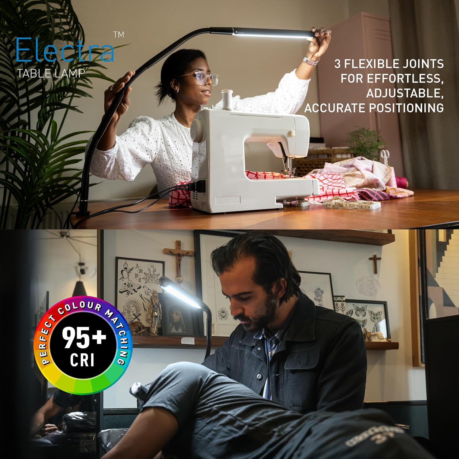 Electra Table Lamp: 3 Color Temperatures (Daylight 6000K/Cool 4000K/Warm 2700K), 95+ CRI LED, Dimmer Switch, Flexible Arm, Desk Lamp for Artists, Crafts & Office (Black, 2500 Lux at 12')