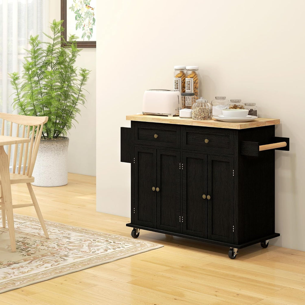 HOMCOM Kitchen Island Cart with Solid Wood Top, 44' Mobile Kitchen Island Table on Wheels with Storage Cabinets, 2 Drawers, Adjustable Shelves, Spice Rack & Towel Bar for Dining Room, Distressed Black