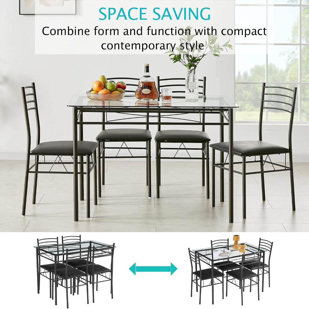 VECELO Dining Table Set for 4, 5-Piece Glass Kitchen Table with Upholstered Padded Chairs for Small Space, Breakfast Nook, Space-Saving, Black