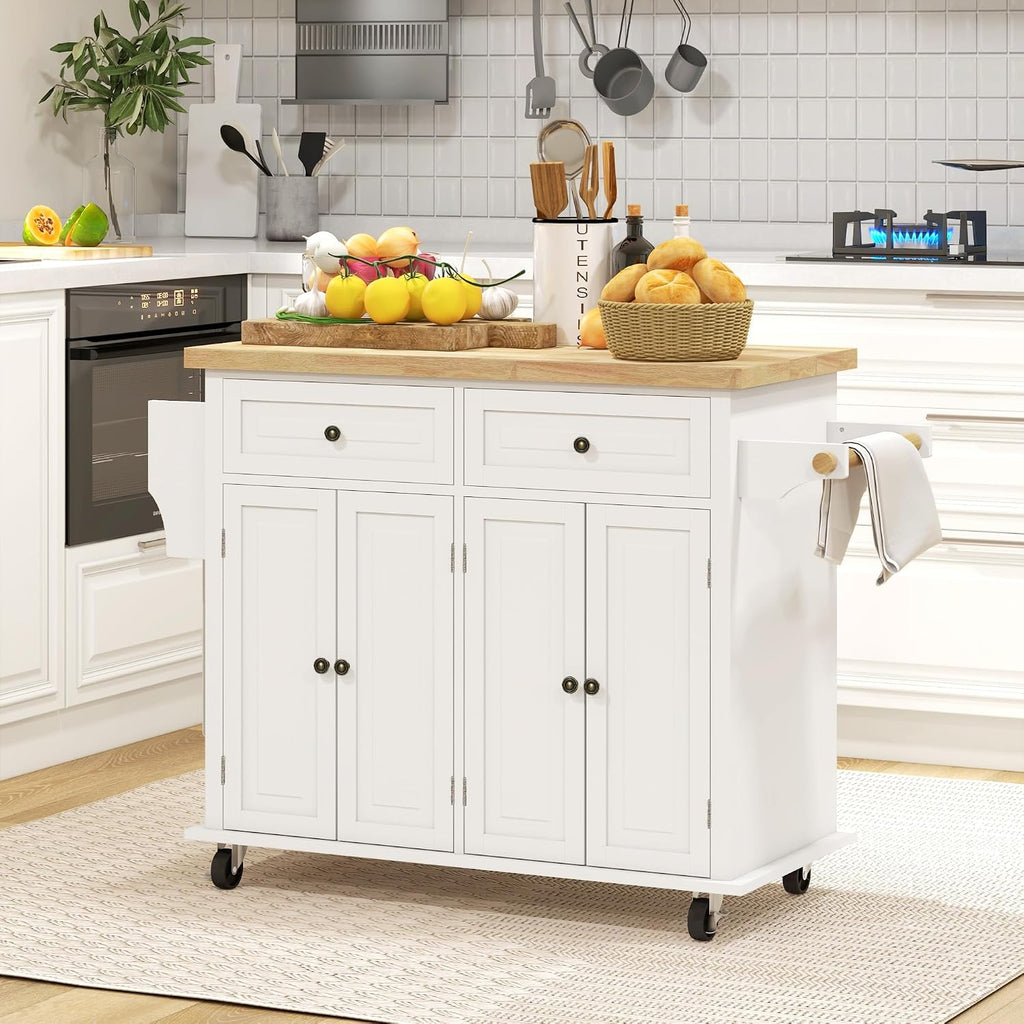 HOMCOM Kitchen Island Cart with Solid Wood Top, 44' Mobile Kitchen Island Table on Wheels with Storage Cabinets, 2 Drawers, Adjustable Shelves, Spice Rack & Towel Bar for Dining Room, Cream White