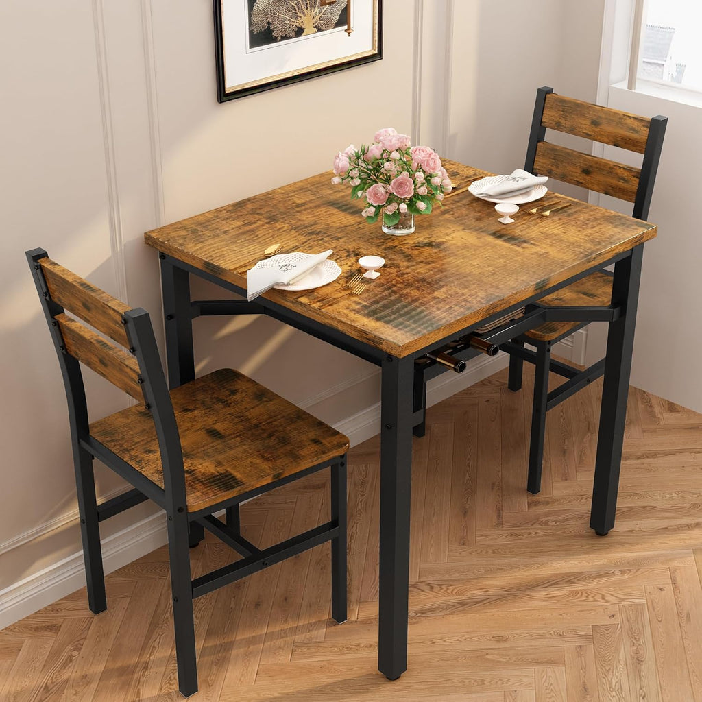 Hooseng 3 Piece Dining Table Set for 2, Small Wooden Kitchen Table with Storage, Farmhouse Square Dinette Set for Dining Room, Breakfast Nook, Apartment, Small Space