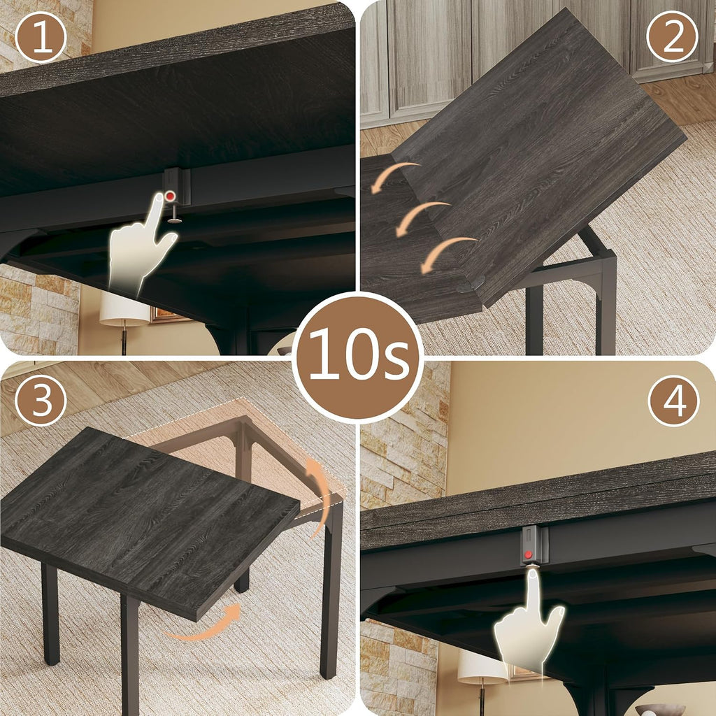 HUAHUU Dining Table Set for 4, Extendable Kitchen Table Cushion Chairs Set of 4, Rectangle Dining Table with Metal Frame & MDF Board, Folding for Small Apartment Saving Space, Gray