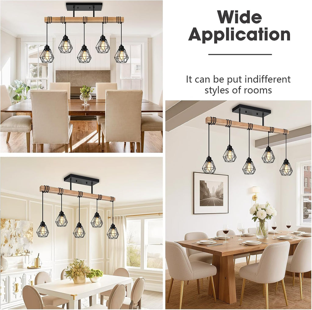 5-Lights Farmhouse Hanging Pendant Light, Dinng Room Light Fixtures for Kitchen Island Lighting Over Table, Black Rustic Wood Ceiling Pendant Lights with Metal Shade for Living Room, Foyer