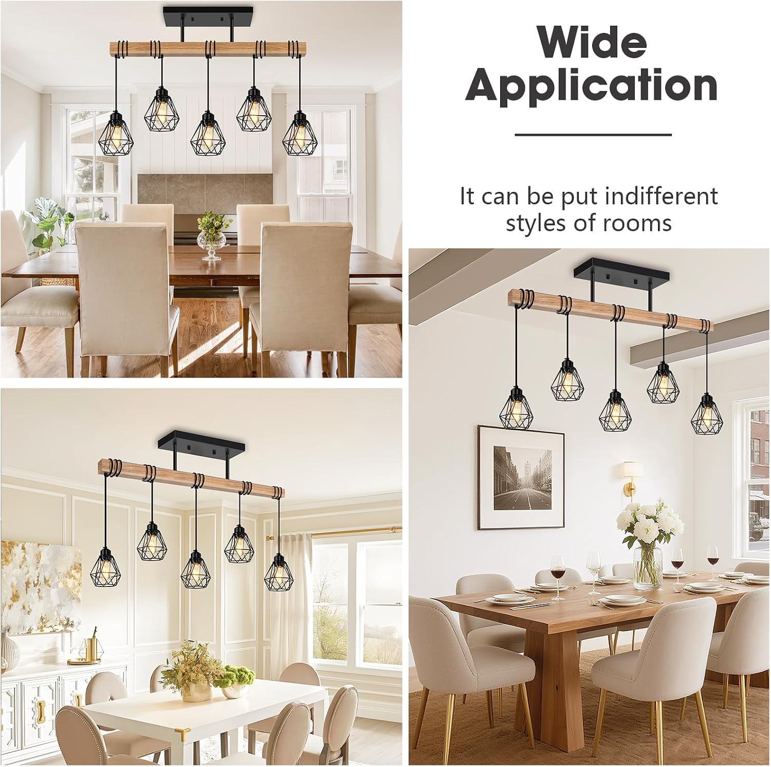 5-Lights Farmhouse Hanging Pendant Light, Dinng Room Light Fixtures for Kitchen Island Lighting Over Table, Black Rustic Wood Ceiling Pendant Lights with Metal Shade for Living Room, Foyer