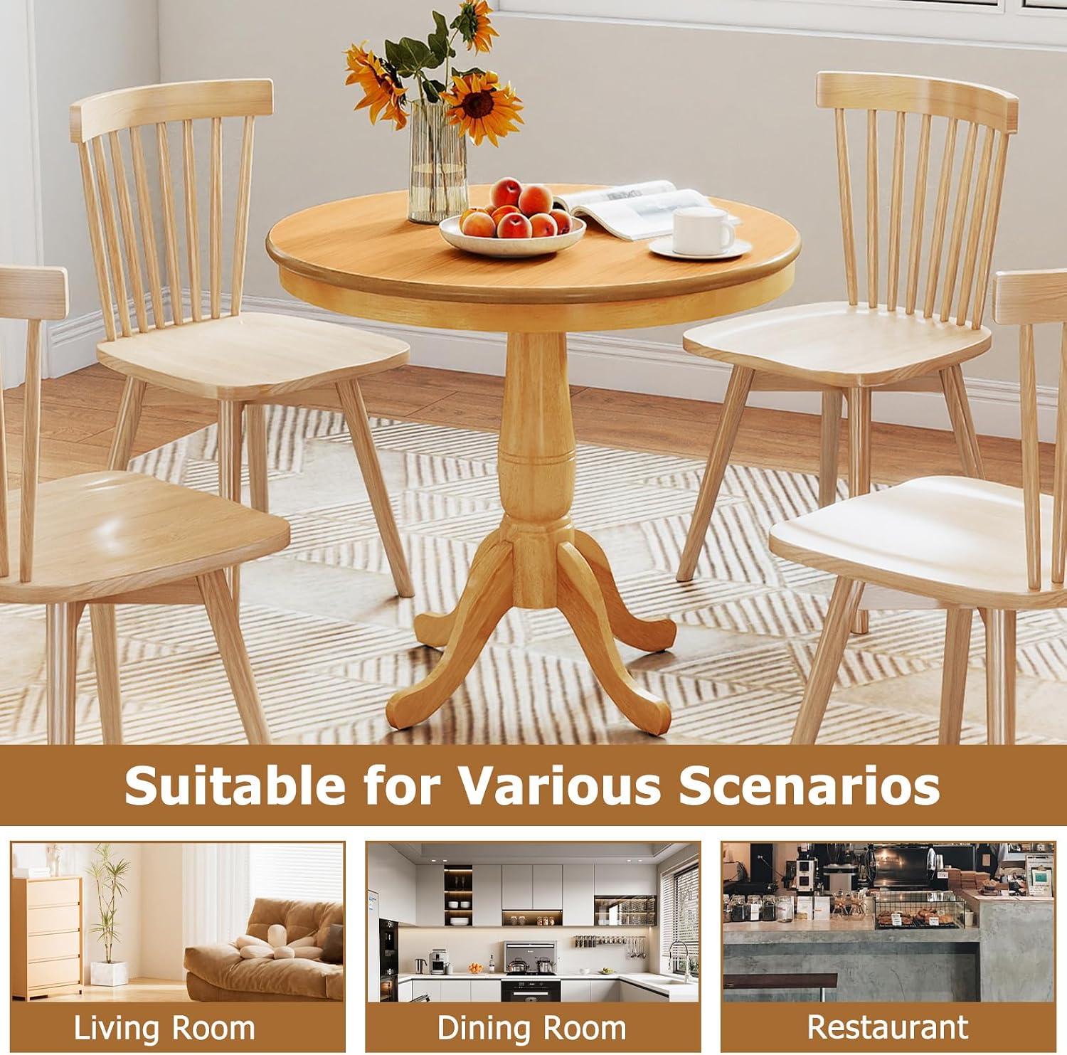 Giantex Round Dining Table for 2-4 People, 32' D X 30' H Wooden Kitchen Table with Spacious Tabletop, Pedestal Base, Leisure End Tables for Bar, Kitchen, Dining Room, Restaurant, Natural