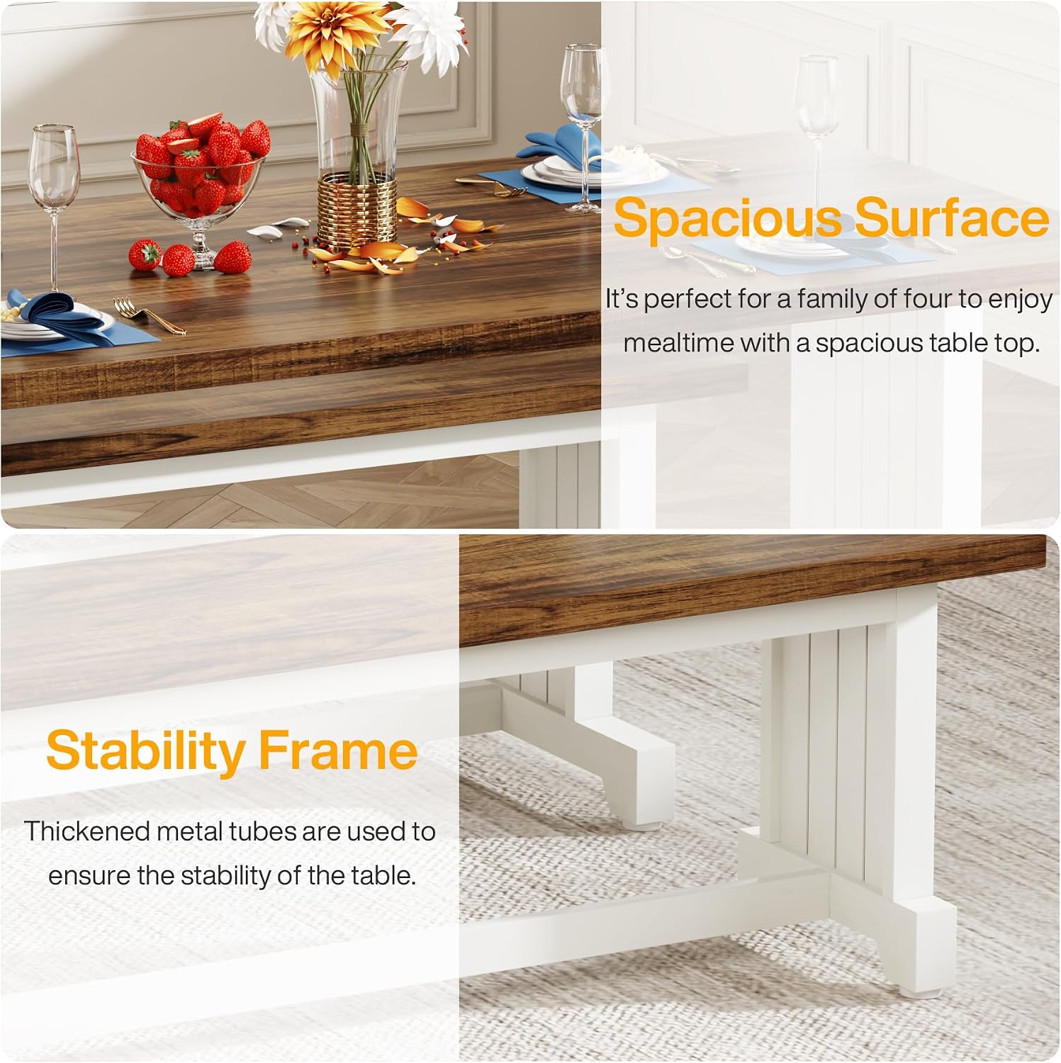 Tribesigns 47-Inch Small Dining Table Set for 2, 3-Piece Kitchen Table with 2 Benches, Farmhouse Wood Dinner Furniture for Narrow Space, Apartment, White & Rustic Brown
