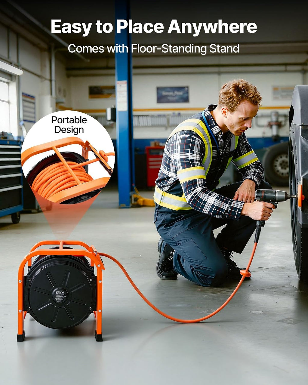 VEVOR Retractable Air Hose Reel, 3/8 Inch x 100 FT Hybrid Air Hose Max 300PSI, Auto Rewind Air-Compressor Hoses Reel with 5ft Lead in, Portable Freestanding Heavy Duty Steel Reel for Garages Workshops