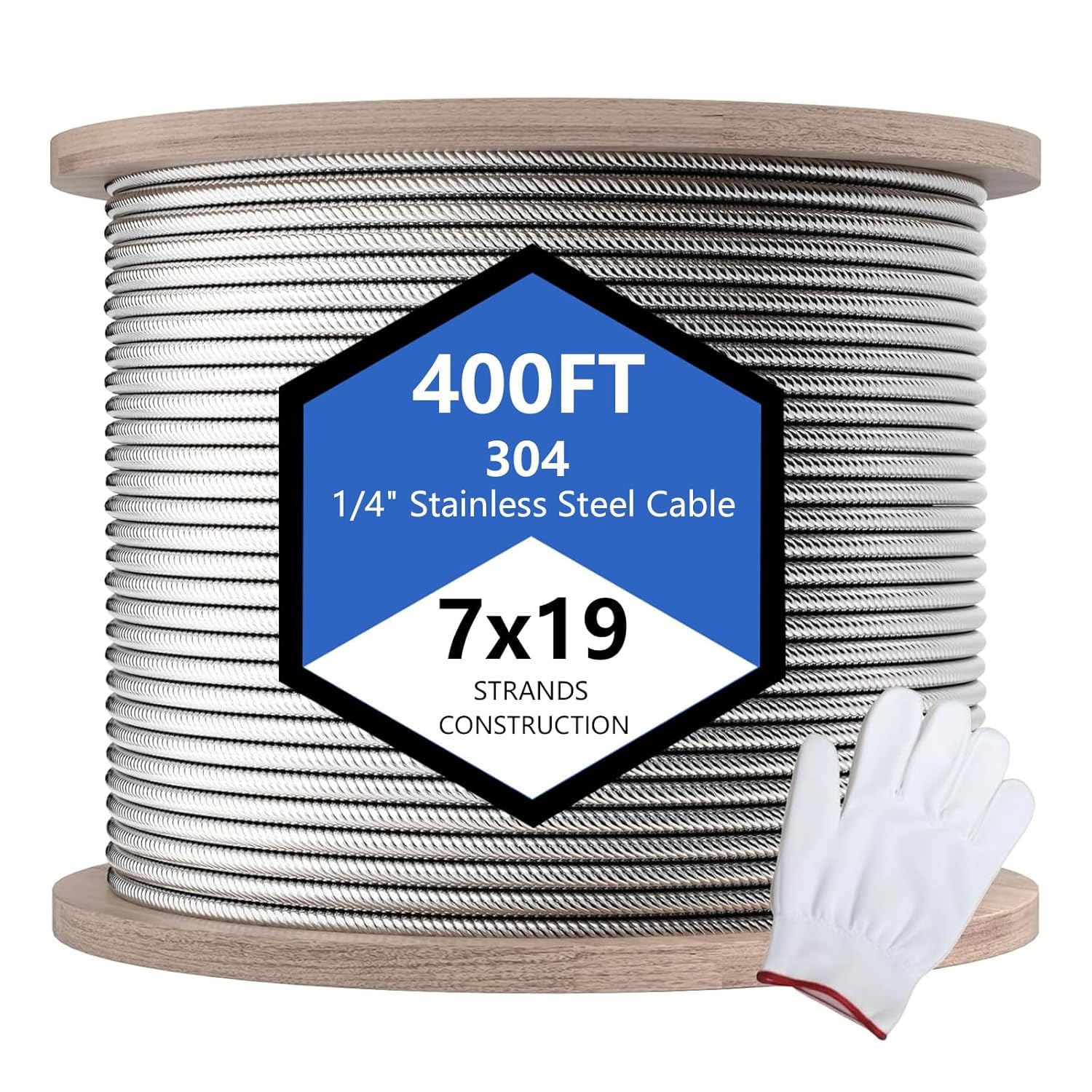 400ft Thickened 1/4' Stainless Steel Cable, 7x19 Strand Aircraft Wire Rope for Backyard Zipline, 6400lbs Breaking Strength, Zip Line for Heavy Duty Applications, Deck Railing, String Lights