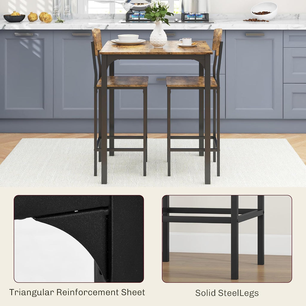 HOMCOM 3-Piece Counter Height Bar Table with Space-Saving Design, Square Kitchen Table and Chairs Set with Footrest, Metal Legs, Industrial Dining Table Set for 2, Rustic Brown and Black