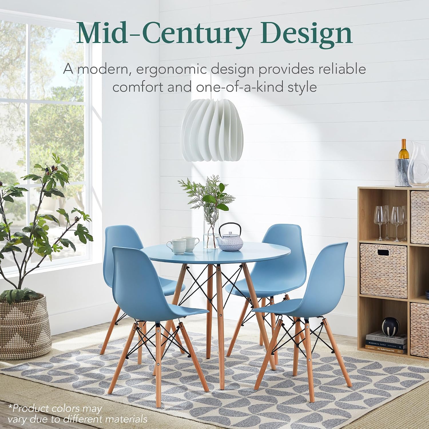Best Choice Products 5-Piece Dining Set, Compact Mid-Century Modern Table & Chair Set for Home, Apartment w/ 4 Chairs, Plastic Seats, Wooden Legs, Metal Frame - Blue/Oak