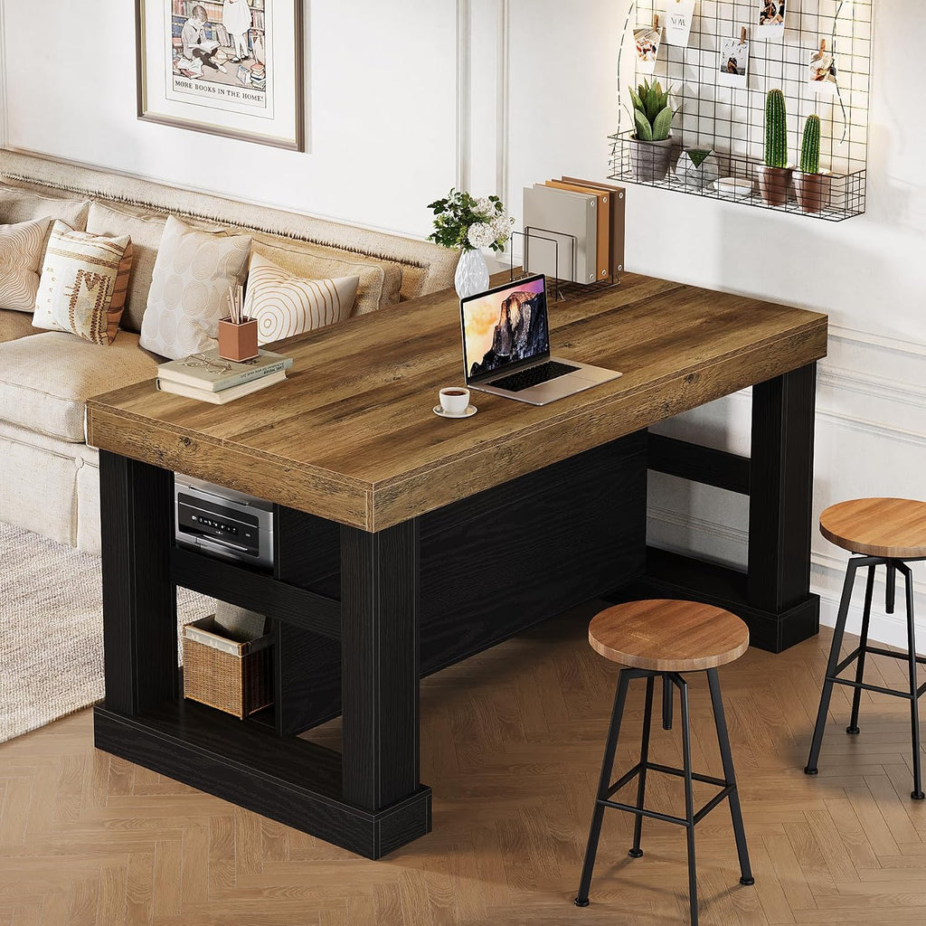 Tribesigns Kitchen Island with 3 Shelves, 55 Inches Width Kitchen Shelf with Large Worktop, Stable Wooden Structure, Farmhouse Style, Easy to Assemble, Black and Brown