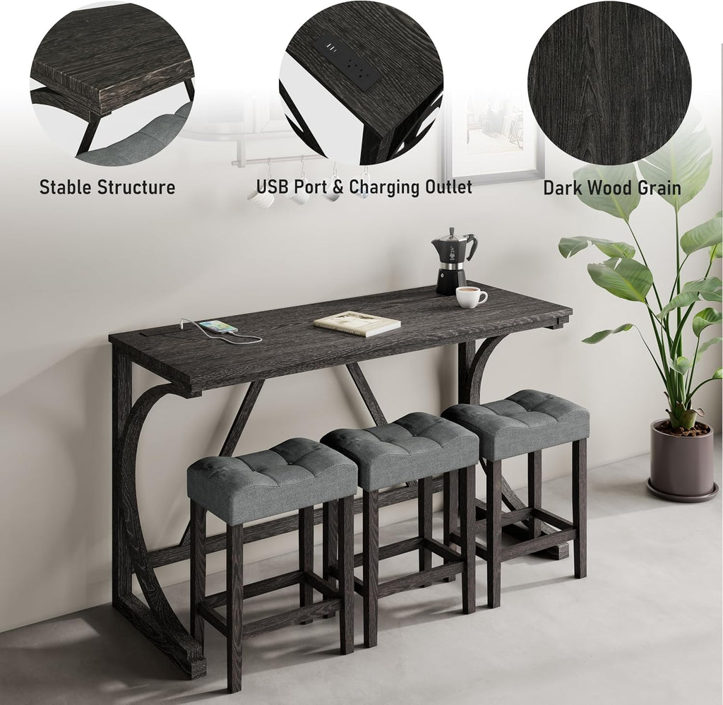allamazing 4-Piece Counter High Bar Table Set with Socket and 3 Fabric Padded Bar Stools, Tall Kitchen Breakfast Nook with Stool, Black