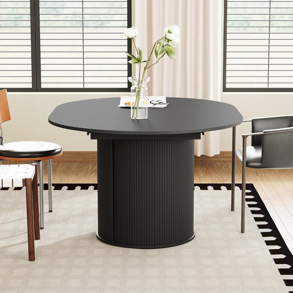 weselon 43'-59' Extendable Round to Oval Dining Table with Hidden Storage, Modern Wooden Kitchen Table with Fluted Sliding Door Cabinet, Expandable Dinner Table for Dining Room Living Room (Black)