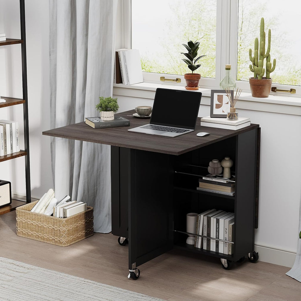 Folding Dining Table with 6 Wheels, Drop Leaf Tables for Small Spaces, Foldable Dining Table with 2-Layer Storage Rack, Kitchen Table with Drawer (Brown Wood and Black)