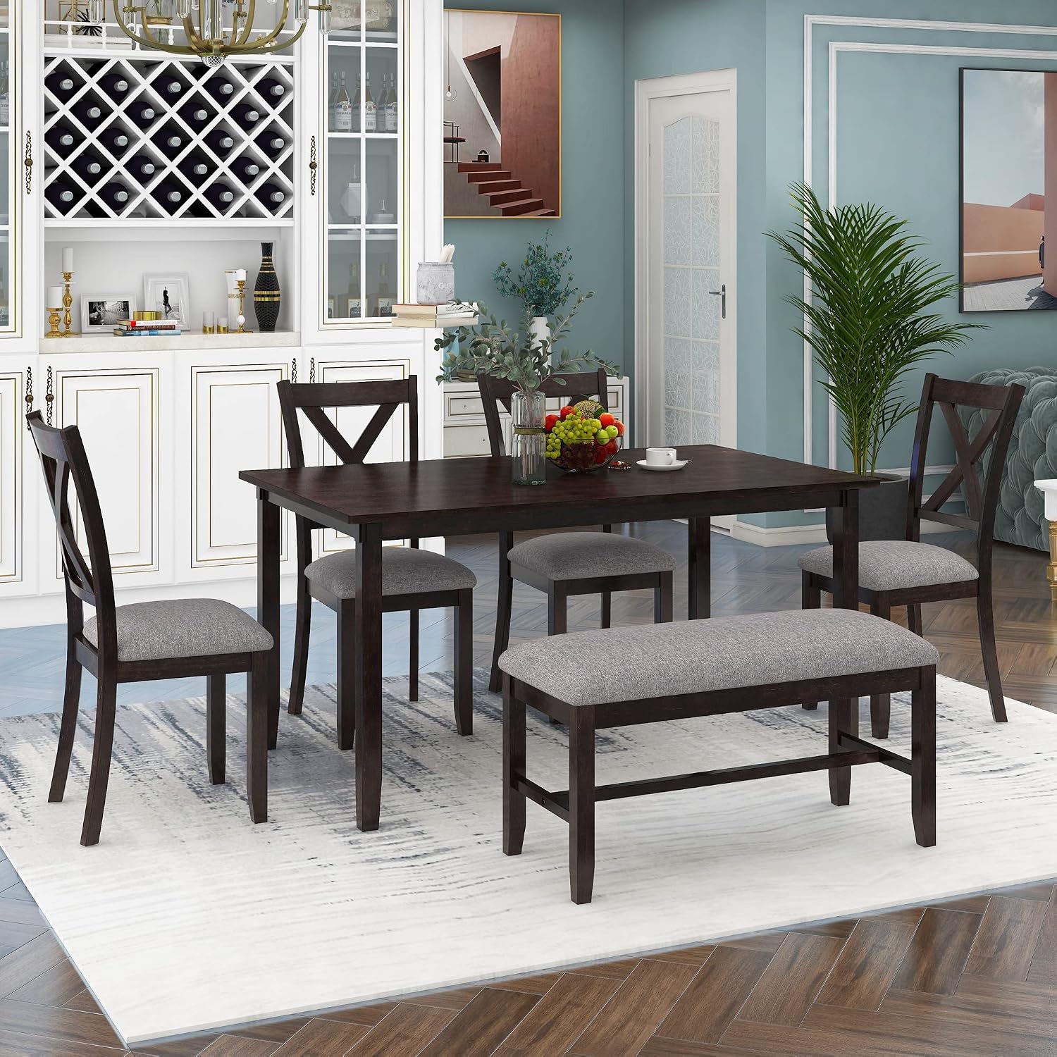 Merax 6 Piece Farmhouse Dining Table Set for 6, Solid Wood Rectangular Kitchen Table Set with 4 Upholstered Chairs and 1 Bench for Kitchen Room Dining Room - Espresso+Gray