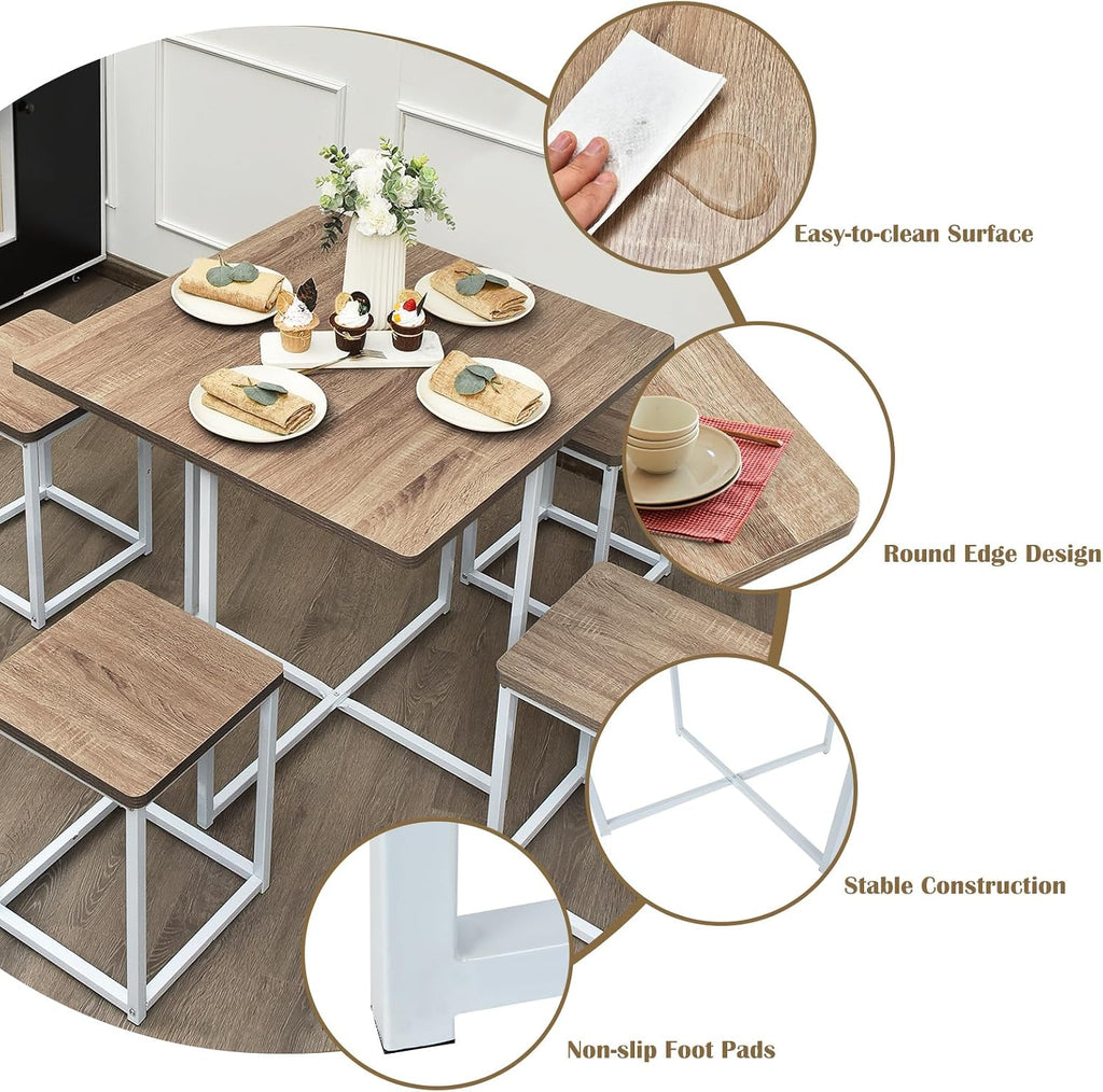Giantex 5 Piece Dining Table Set, Dining Set for 4 with Square Stools, Small Kitchen Table Set with Metal Frame, Compact Design for Small Space, Home Kitchen Bar Pub Apartment