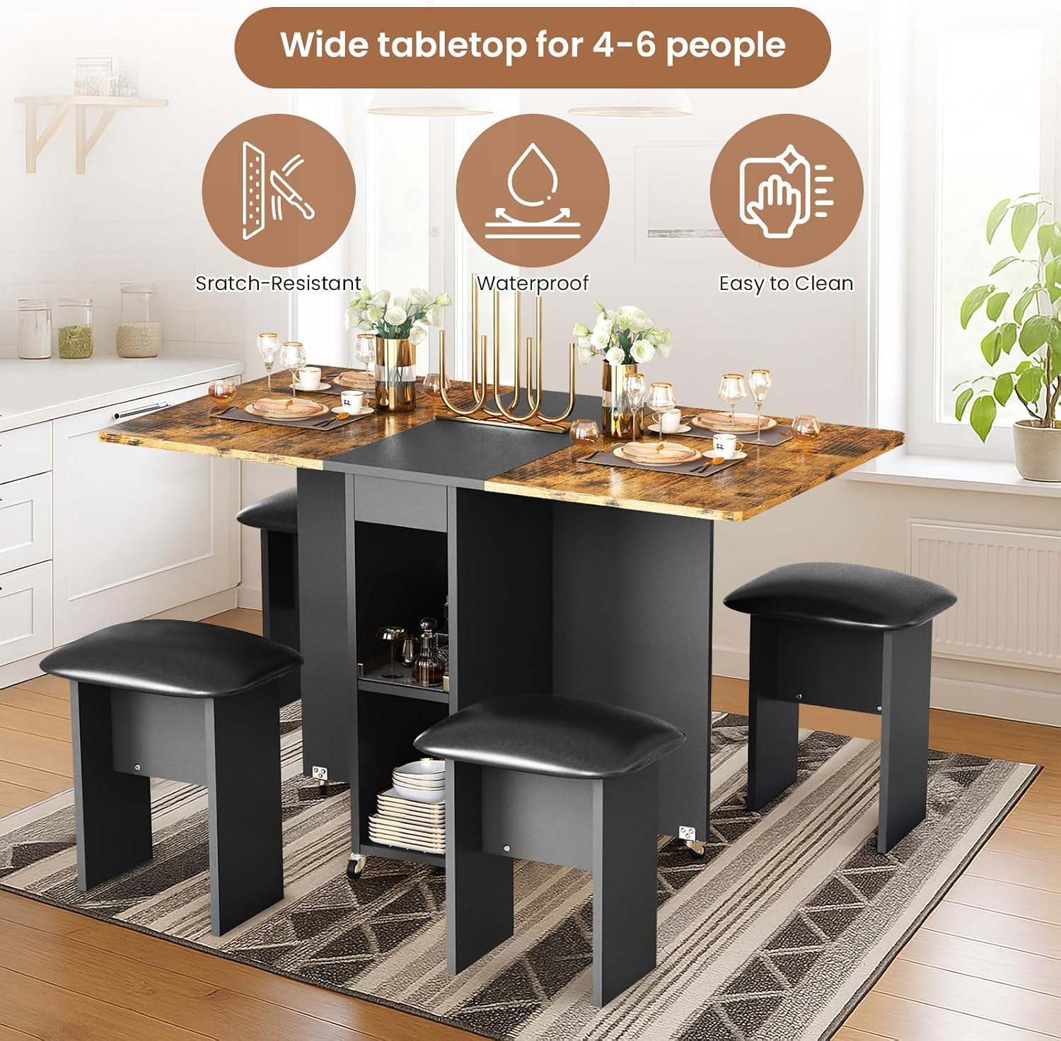 AWQM Foldable Dining Table Set for 4,Folding Dining Table with 4 Leather Chairs & Storage,Drop Leaf Dinner Table with 6 Wheels,Folding Kitchen Table and Chairs Set for Small Spaces,Walnut