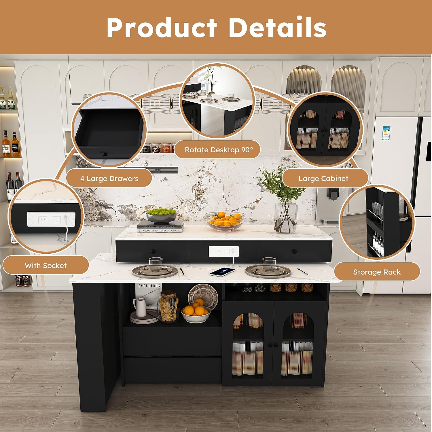 KEIKI Kitchen Island with Extendable & Rotating Table, Expandable Dining Station for 2-4, Kitchen Storage Islands with 4 Drawers & Glass Door Cabinets & Built-in Socket for Dining Room, Black